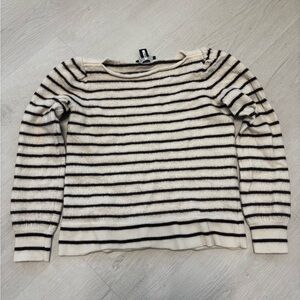 Ann Taylor Black and Cream Striped Merino Wool Sweater
